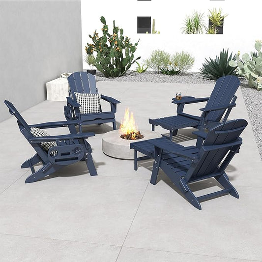 FOOWIN Adirondack Chair with Retractable Ottoman,HDPE Folding Adjustable Adirondack Chair w/4 in 1 Cup Holder Trays,All-Weather Resistant Fire Pit Chair for Outdoor Patio Lawn Set of 4