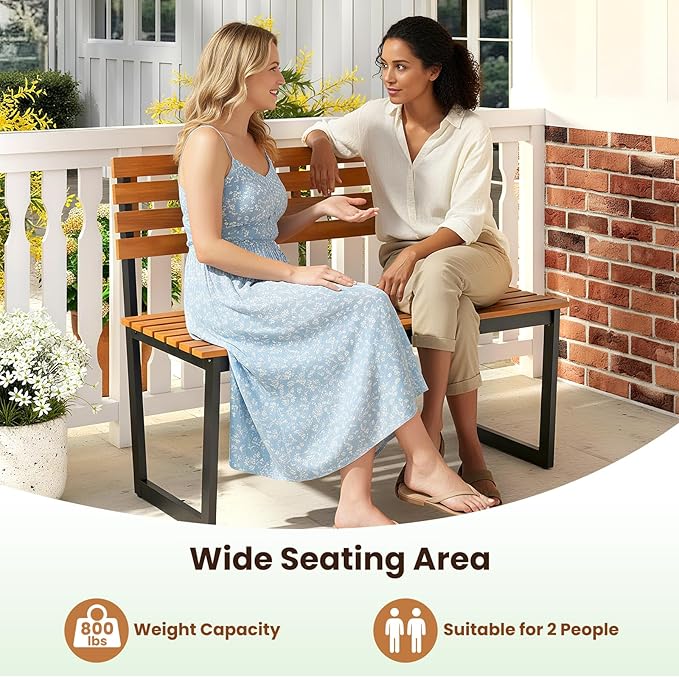 HOMGX Outdoor Bench, 43-Inch Acacia Wood Patio Loveseat with No-Arms Design, Sturdy Black Metal Frame & Teak Finish, Modern 2-Person Garden Bench for Porch, Yard and Lawn