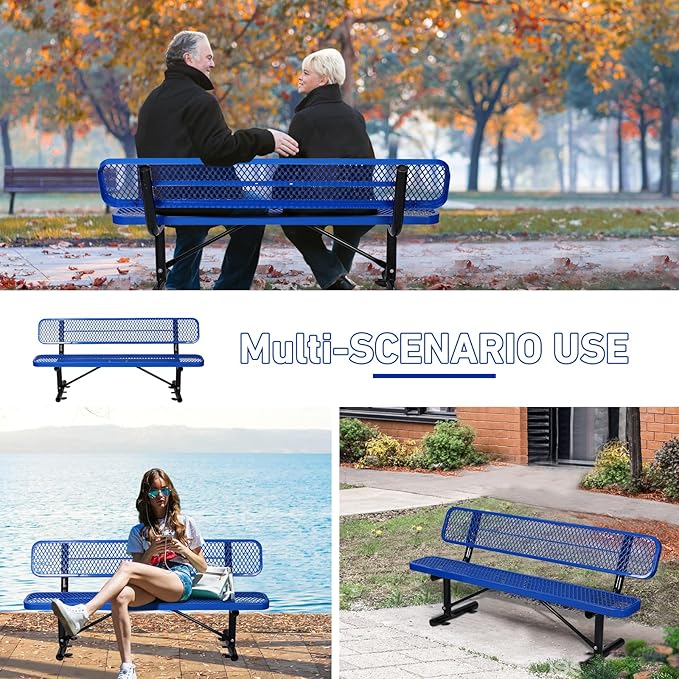 6FT Heavy-Duty Park Bench for Outside - Black Coated Outdoor Furniture Steel Bench, Commercial-Grade Outdoor Benches Weatherproof for Park, Patio, Porch (Portable with Back,) (Blue, 6FT)