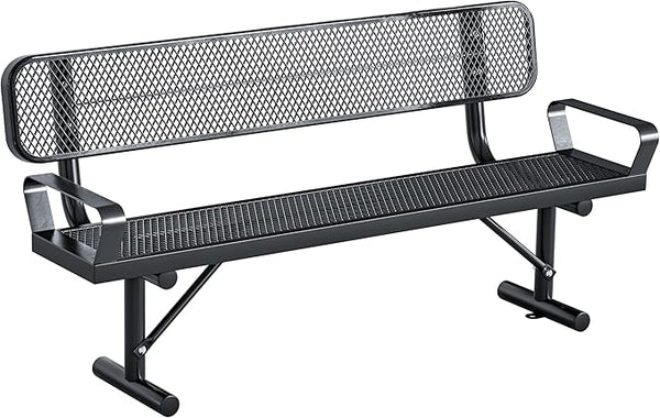 6Ft Outdoor Bench with Armrests & Back Portable Frame, Outdoor Steel Park Bench with Backrest, Expanded Metal Mesh Bench for Outside, Lawn, Backyard, Park, Deck, Garden, Patio, Porch, Black