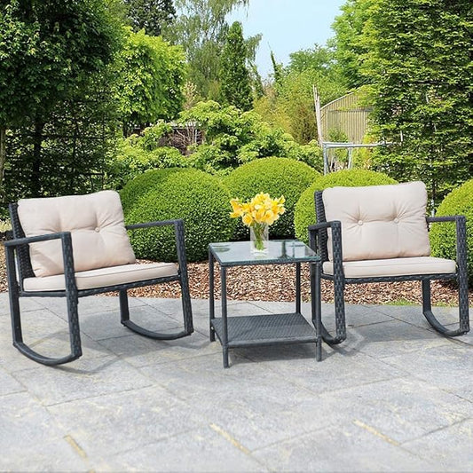 HAPPYGRILL 3-Piece Rocking Bistro Set Outdoor Patio Rocking Chairs with Coffee Table, Rattan Wicker Furniture Conversation Set for Garden Lawn Backyard Balcony