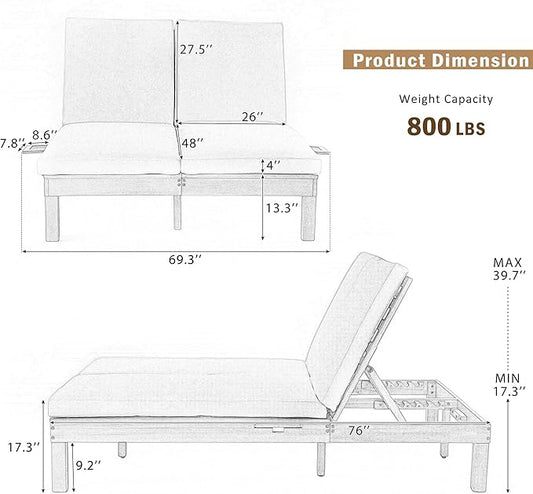 SOFTSEA Patio Double Chaise Lounge with 5-Position Adjustable Backrest, Outdoor Chaise Lounge with Cushions for 2 People, Wooden Outdoor Daybed with Folding Side Trays for Pool Backyard, Gray