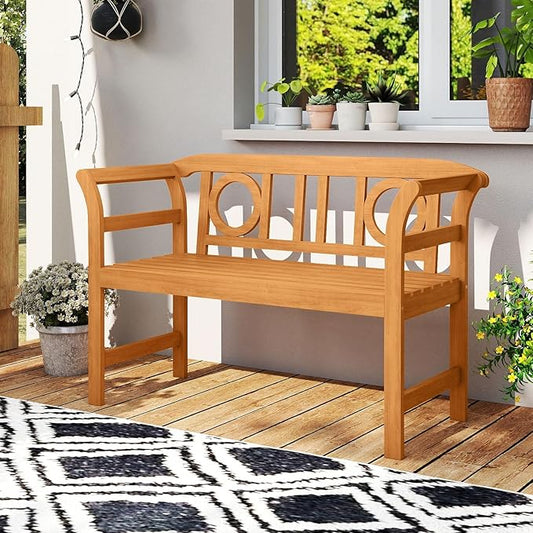RELAX4LIFE Acacia Wood Outdoor Bench - 2 Person Patio Loveseat with Backrest and Armrests, 47 inch Garden Bench for Porch, Backyard, Poolside and Lawn, 800 lbs Weight Capacity