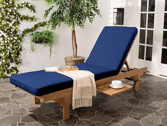 SAFAVIEH Outdoor Collection Newport Natural/ Navy Cushion Built-in Side Table Adjustable Chaise Lounge Chair