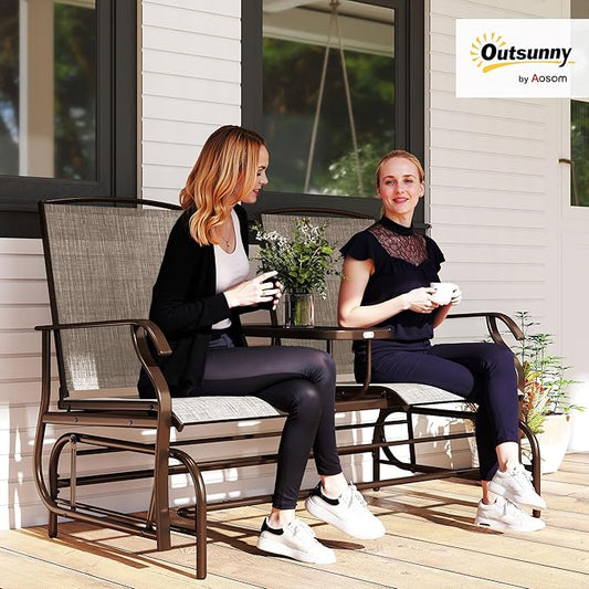 Outsunny Outdoor Glider Bench with Center Table, Metal Frame Patio Loveseat with Breathable Mesh Fabric and Armrests for Backyard Garden Porch, Brown