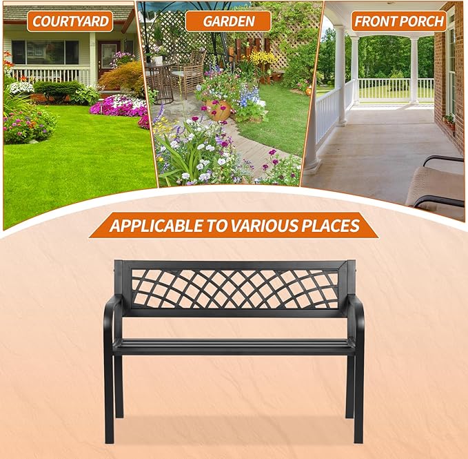 BSTOPHKL Outdoor Bench,Patio Garden Benches,Metal Weatherproof Porch Bench with Grid-Patterned Backrest and Armrest for Park Courtyard Porch,Bearing Capacity 480lbs,Black