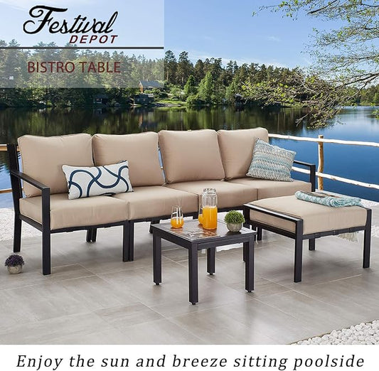 Festival Depot Metal Outdoor Square Patio Bistro Dining End Table with Wood-Like Aluminum-Plastic Top and Black Steel Legs (19"x19"x16")