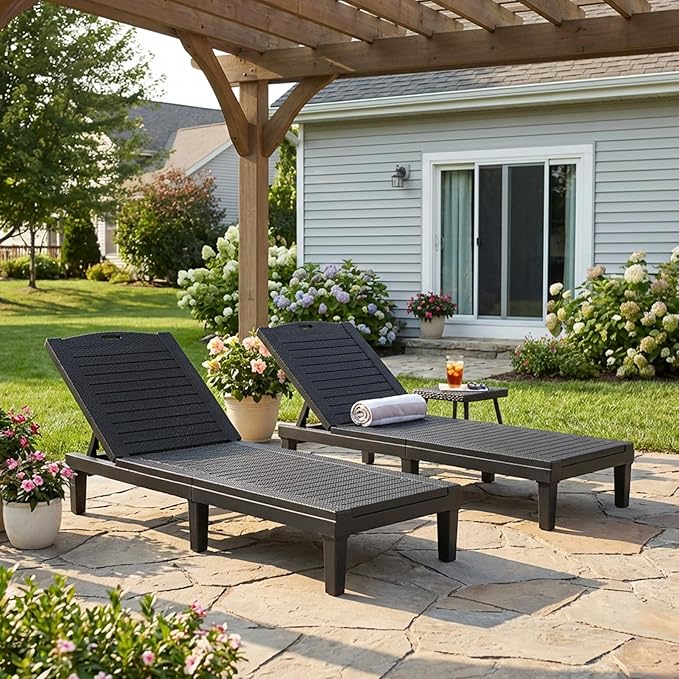2PCS Outdoor Lounge Chairs 5 Position Adjustable, Pool Chairs, Sun Lounger, Patio Chaise Lounges PP Black, 74.06x11.02x34.65in