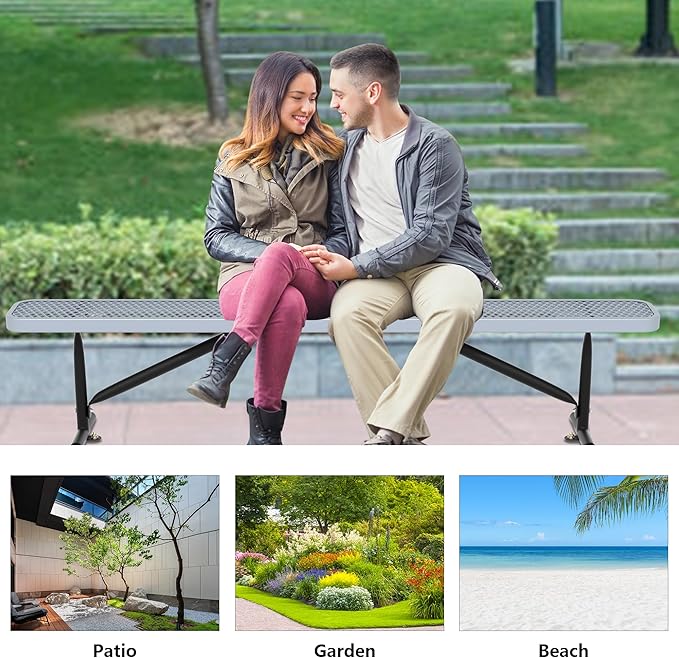 8 Ft Metal Park Benches for Outside, Outdoor Backless Bench with Thermoplastic Coating, Portable Frame, Commercial Expanded Metal Mesh Bench for Shopping Mall, Store, Park, Patio, Deck, Grey