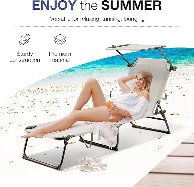Folding Outdoor Lounge Chair with Canopy - Portable & Adjustable Beach Lounge Chair - 5 Positions, Carry Handles, 600D Fabric, 265 lbs Capacity – Tanning Chaise Lounge for Beach, Patio, Lawn