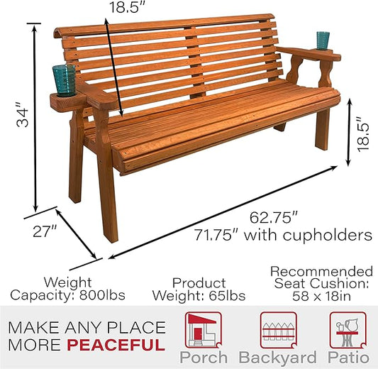 Amish Casual Heavy Duty Pressure Treated 5 Foot Outdoor Garden Bench with Cup Holders - Amish Crafted Roll Back Design in Cedar Stain, 700 Lb Weight Capacity