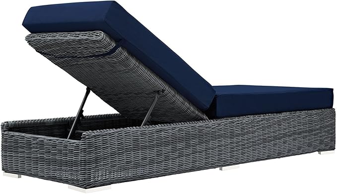Modway Summon Wicker Rattan Aluminum Outdoor Patio Poolside Chaise Lounge Chair with Sunbrella® Fabric Cushions in Canvas Navy