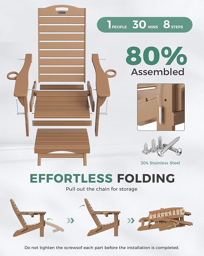 Folding Adirondack Chair with Retractable Ottoman Weather Resistant Fire Pit Chair Patio Chair with 2 Cup Holder Lawn Outdoor Lounge Chair (Teak)