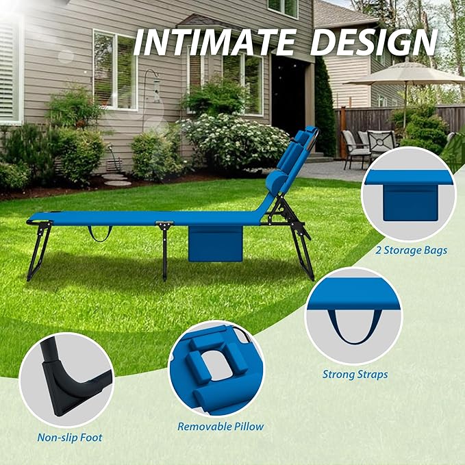 400lbs Tanning Chair, 5-Fold Beach Lounge Chair with Face Hole & 2 Side Pockets, Non-Slip Foot & Portable Handle, Beach Chaise Lounge for Patio/Pool/Lawn(1, Blue)