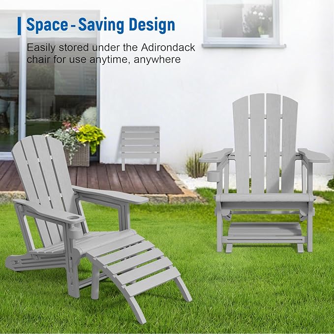 FONTOI Adirondack Ottoman, HDPE Plastic Adirondack Chair Footstool, All Weather Outdoor Footrest for Patio, Backyard, Lawn, Fire Pits, Grey