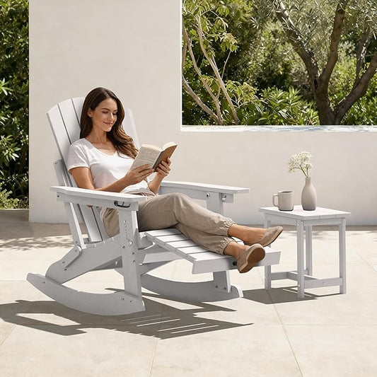 Adirondack Rocking Chair with Retractable Ottoman Set of 2, 4-in-1 Foldable Reclining Patio Chair, HDPE Wood-Look Outdoor Rocker for Porch, Garden & Poolside, White