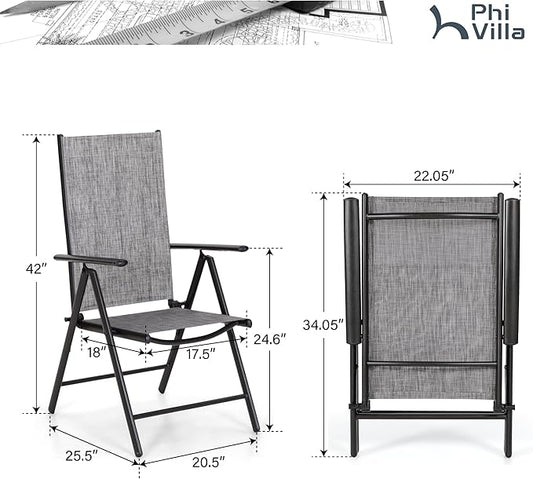 PHI VILLA Outdoor Patio Folding Chairs Set of 6, Portable Patio Dining Chairs with Adjustable Backrest for Outside, Garden, Lawn & Yard, No Assembly, Grey