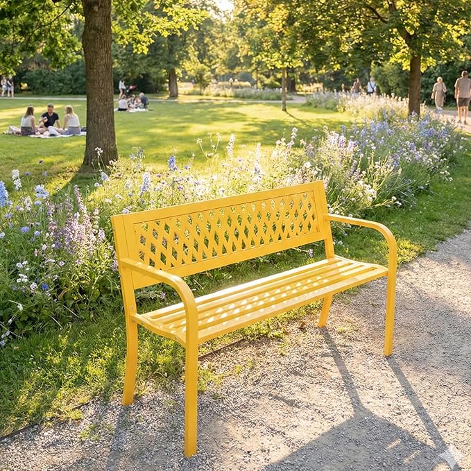 Outdoor Garden Bench, 47'' Outdoor Bench, Weather Resistant Garden Patio Bench Powder Coated Iron Frame w/PVC Mesh Backrest Slatted Seat, 2-Person Outdoor Furniture for Front Porch Entryway(Yellow)