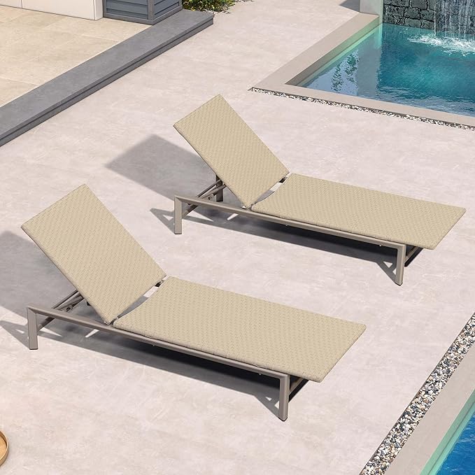 PURPLE LEAF Patio Chaise Lounge Chairs Outdoor Set of 2, Wicker Pool Lounge Chairs for Outside with Adjustable Backrest, Aluminum Sunbathing Lounger for Patio, Poolside, Garden, Khaki