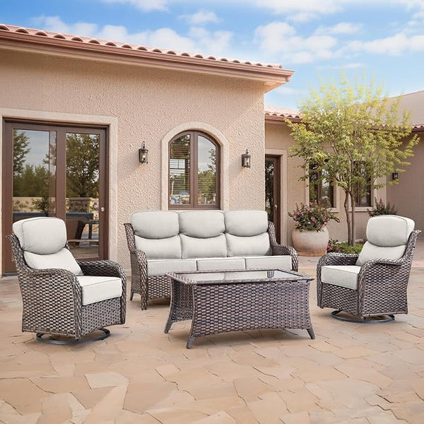 Swivel Patio Chairs sofa Set of 4 with 6" Thick Cushion - Wicker Outdoor Swivel Rocker Patio Chair ,Sofa/Glass coffee - Photo 1