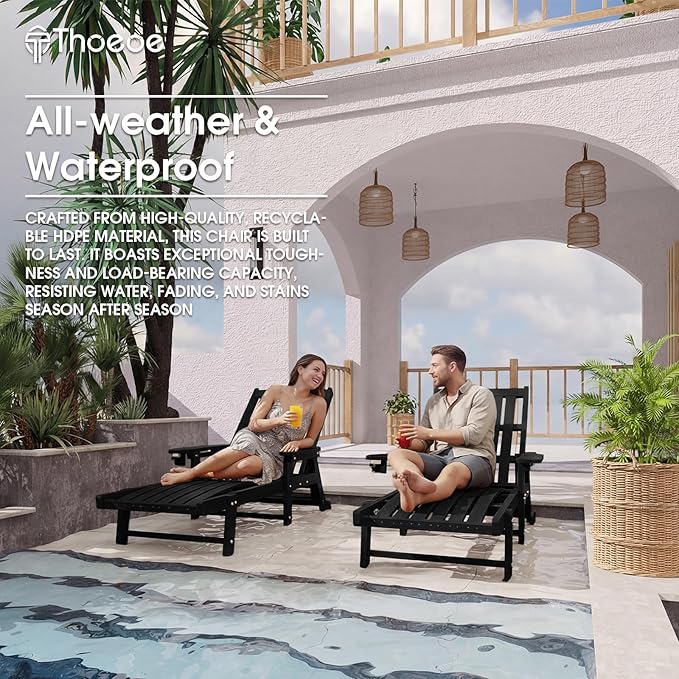 THOEOE Patio Chaise Lounge Chair Set of 4, Oversized Lounge Chair Outdoor with 5 Positions, HDPE, Patio Lounge Chair with Wheels & Cup Holder for Pool, Deck, Poolside,Black