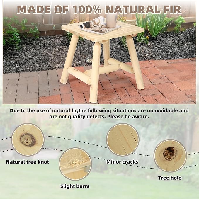 Outdoor Adirondack Log Side Table, 19.5" Thick Wooden Patio Square End Table with Slatted Tabletop, Solid Wood Rustic Accent Table for Indoor & Garden Deck Porch Balcony Backyard, Natural