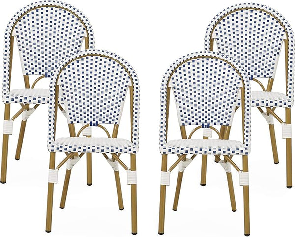 Christopher Knight Home Philomena Outdoor French Bistro Chair (Set of 4), Blue + White + Bamboo Print Finish - Photo 1
