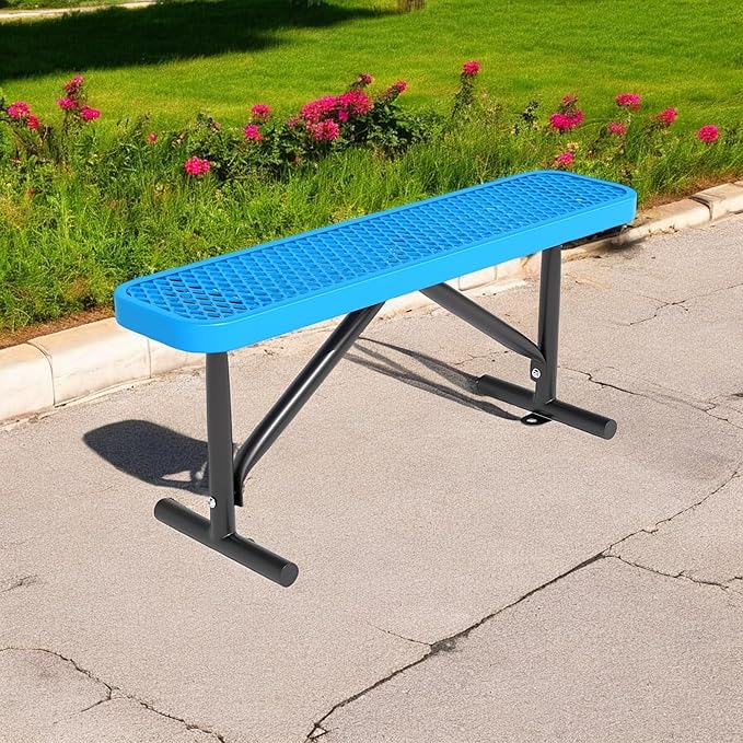 4ft Outdoor Metal Park Bench, 48" Backless Heavy-Duty Commercial Blue Garden Bench with Expanded Steel Mesh Seat, Weatherproof Park Patio Dining Table Bench for Backyard Lawn School Porch Deck