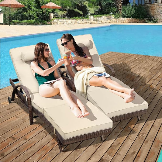 NOBLEMOOD Outdoor Lounge Chairs Set of 4 Beach Wicker Chaise Lounge with Wheels, Cushion, Adjustable Backrest and Pillow for Outside Pool Sun Shelf Tanning Bathing (Khaki)