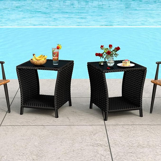 kinbor Small Outdoor Table - Set of 2 Tempered Glass Top Small Outdoor Wicker Side Table with Storage Shelf for Patio, Balcony & Porch, Durable PE Rattan & Iron Frame