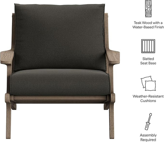Modway Saratoga Teak Outdoor Lounge Chair in Flint Gray – Oversized Patio Accent Armchair with Wood Frame and Weather-Resistant Cushions