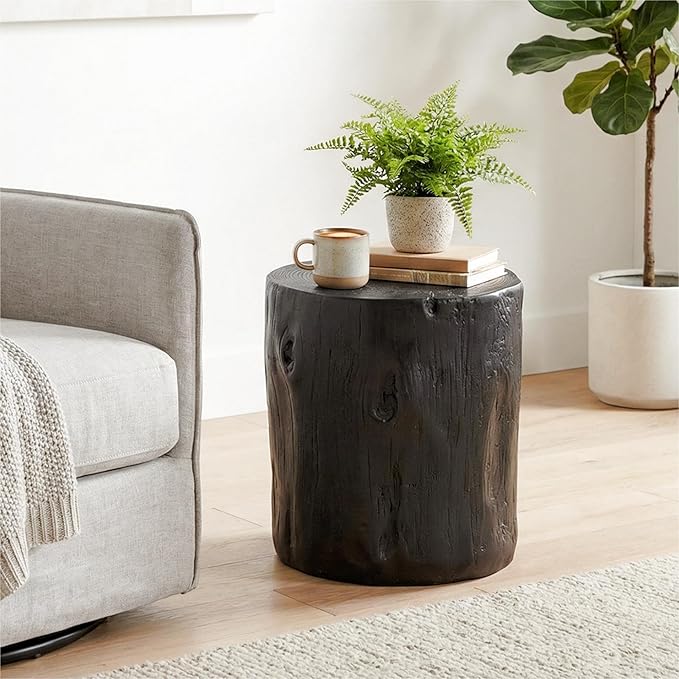 HOMPUS Concrete Outdoor Side Table, Tree Stump Modern Round Accent Table, Planter Stand Faux Wood End Garden Stool for Patio, Home Decor, Living Room, Black