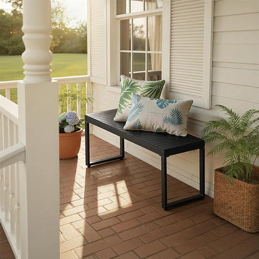ONBRILL Outdoor Benches Weatherproof, 2-Person Poly Lumber Garden Bench with Metal Legs, All-Weather Patio Bench Will not Rot and Fade for Garden, Porch, Backyard and Park, Easy Installation, Black