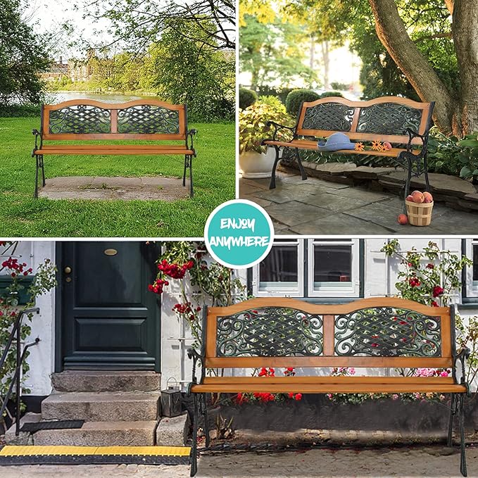 JOYBASE 50" Outdoor Patio Bench, Wood and Iron Garden Bench for Park Porch Outside Yard (Black&Natural)