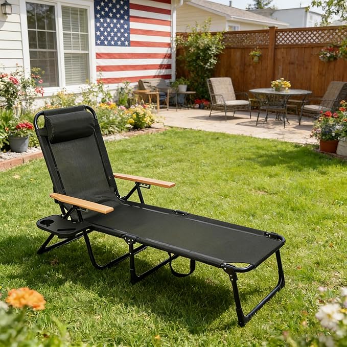 Folding Outdoor Chaise Lounge Chair, Portable Camping Cot with Headrest, 4 Position Beach Lounge with Cup Holders & Wooden Armrests, Sun Tanning Chair for Patio Pool Lawn, Supports 350lbs (Black)