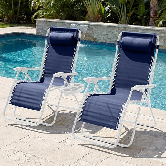 Best Choice Products Set of 2 Extra Wide Adjustable Steel Mesh Zero Gravity Lounge Chair Recliners w/Pillows and Cup Holder Trays - Navy/White
