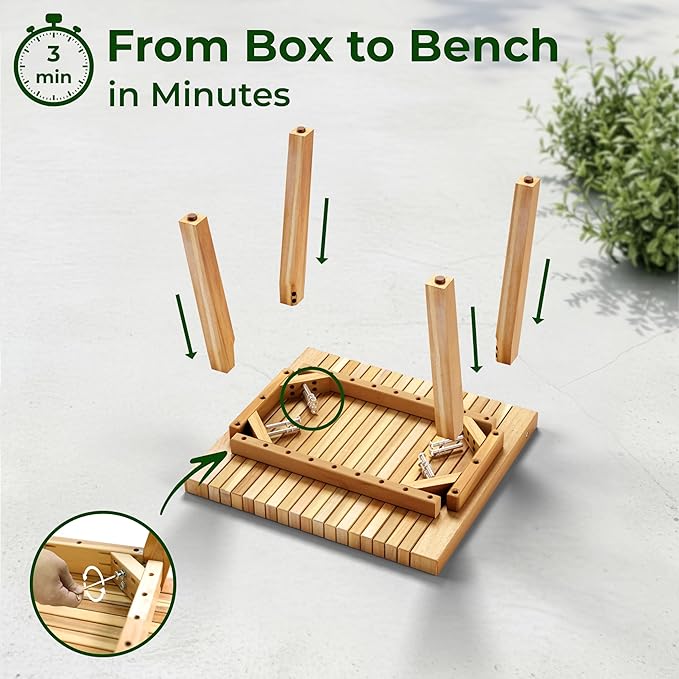 Melino Convertible Slat Bench, 3-in-1 Bench to Table to Chair, FSC Acacia Solid Wood for Indoor Outdoor - Patio, Entryway, Living Room, Guest Room - Easy Assembly, 20 Inch