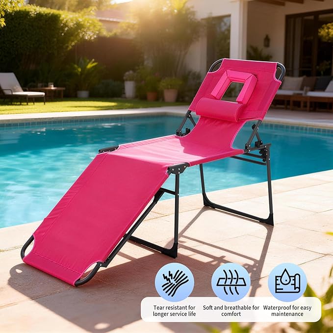 Tanning Chair with Face Hole Folding Beach Lounge Chair,5-Position Adjustable Backrest, Pillow & Side Pocket,Portable Face Down Chaise Lounge for Outdoor Backyard Poolside,Beach, Patio,Pink
