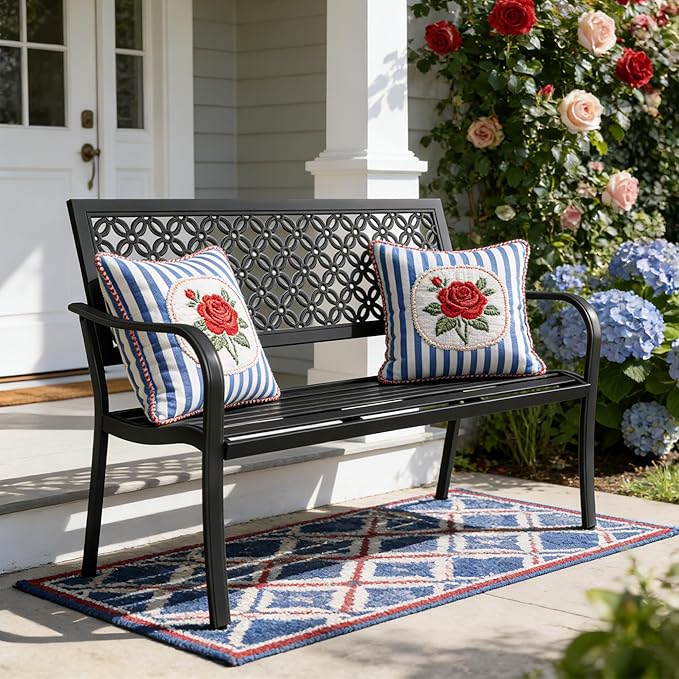 Grand patio 50" Outdoor Bench, Garden Benches with Anti-Rust Metal Powder Coated Frame, Patio Bench for Front Porch Park Outside Furniture Decor, Black