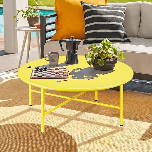 Patio Round Steel Patio Coffee Table, Weather Resistant Anti-Rust and Waterproof Indoor and Outdoor Large Side Table, for Garden Living Room Bedroom Balcony(Yellow)
