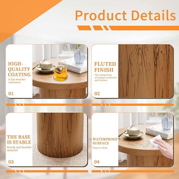 Metal Small Patio Table, Round Outdoor Side Table, Wood Color Outdoor Accent End Table, Patio Furniture, for Garden, Pool, Yard, Balcony, Living Room, Deck, Weather Resistant, No Assembly