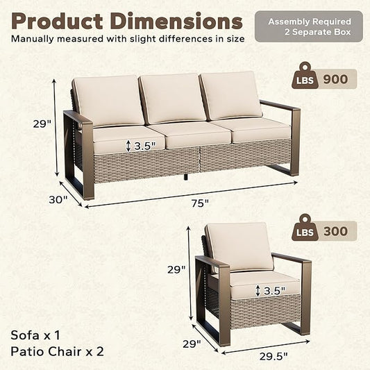 Wicker Patio 75" Sofa Set with Two Armchairs, All Weather Rattan Outdoor Conversation Furniture Set with Wood-Looking Metal Armrest & Removable Cushions for Deck Backyard Porch, Beige
