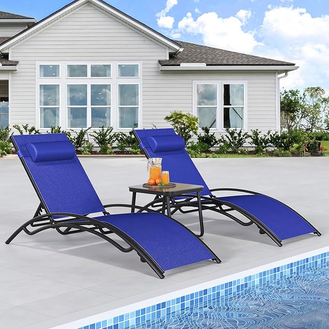 YITAHOME Outdoor Chaise Lounge Chair Set of 3, Pool Lounge Chairs with Side Table & 5-Position Adjustable Backrest, Sunbathing Recliner for Poolside, Backyard, Lawn, Deck - Navy