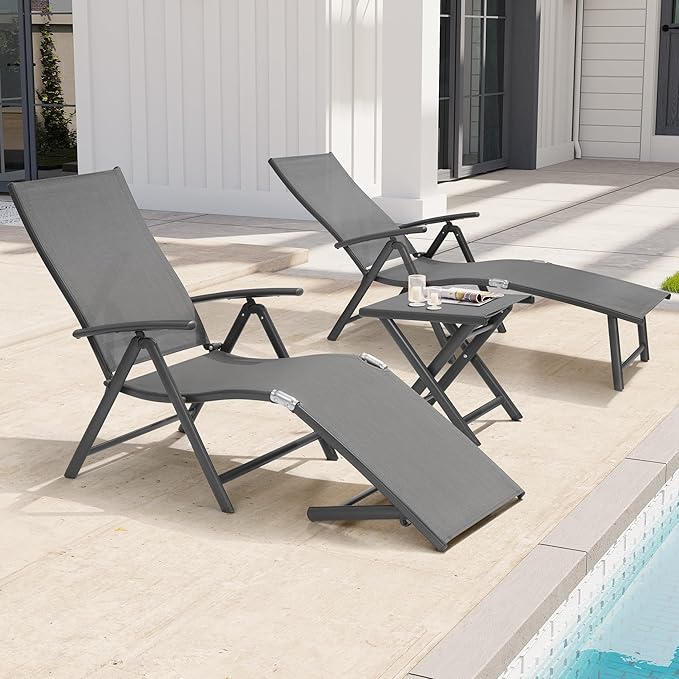 Crestlive Products 2PCS Chaise Lounge Chair Outdoor with 1PC Side Table, Aluminum Folding Patio Recliner Chair, Adjustable 8 Positions Assemble-Free