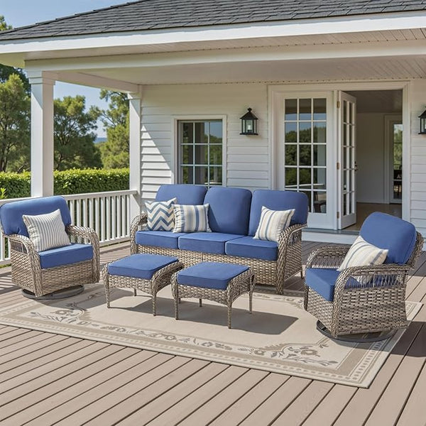 5 Pieces Patio Furniture Set with Swivel Chairs, Wicker Swivel Rocker Patio Chairs Rattan 3 Seater Sofa with Ottomans - Photo 1