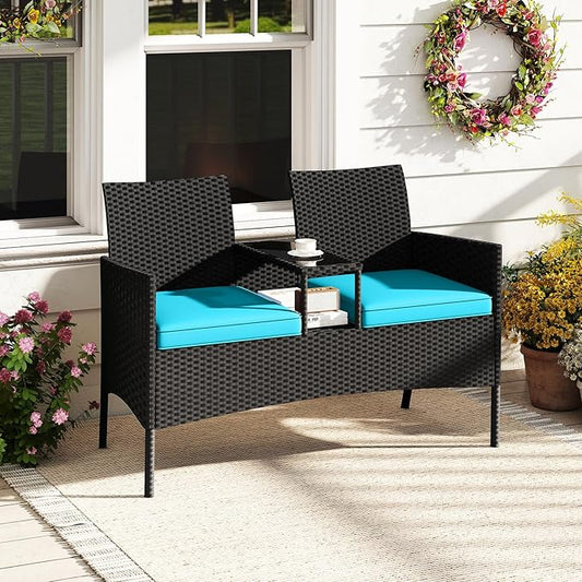 HAPPYGRILL Outdoor Rattan Loveseat, 2-Seat Patio Conversation Set with Built-in Coffee Table, Cushions, Wicker Bench Furniture for Backyard, Garden, Balcony, Porch (Turquoise)