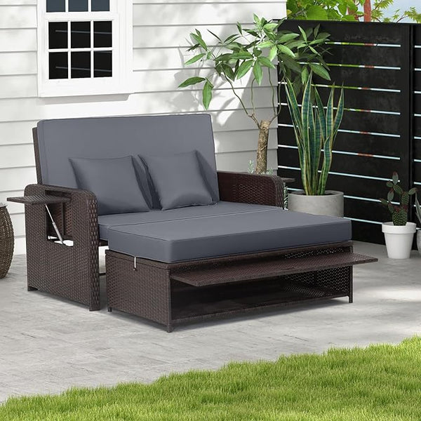 LDAILY Moccha Outdoor Daybed, Wicker Loveseat Sofa Set with 4-Postion Adjustable Backrest, Storage Ottoman, Cushions - Photo 1