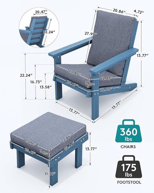 SERWALL Adirondack Chair with Cushion and Ottoman -All Weather HDPE Outdoor Adirondack Chair Set, Durable Adirondack Patio Chairs for Garden, Deck, or Poolside- Blue