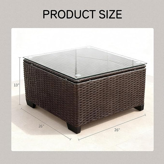 Wicker Patio Furniture - Square Outdoor Coffee Table, with Tempered Glass Tabletop & Rust-Resistant Coated Steel Frame, Compatible with Sectional Sofas, Ideal for Garden, Pool, Balcony, Black