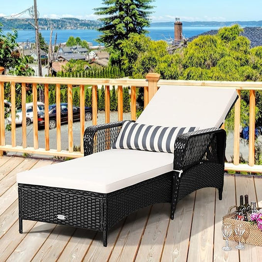 COSTWAY PE Rattan Chaise Lounge Chair Armrest Recliner Adjustable Pillow Black
